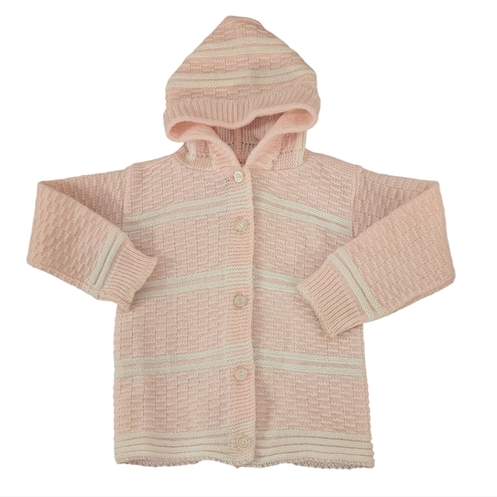 70s Vintage Blue Bird InfantPink & White Knit‎ Hooded Hand Knit Cardigan Sweater